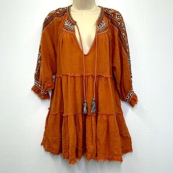 Free People - Dream Weaver Boho Frayed Terracotta 3/4 Sleeve Pocket Blouse Small - Picture 3 of 15